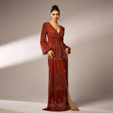 High End Long Sleeved Elegant V Neck Long Sequined Cocktail Evening Dress Bridesmaid Dress